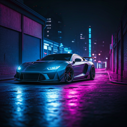 A wide shot of a customized sports car featuring full RGB underglow pulsing with blue and purple light on a city street at night. The urban environment features wet pavement that catches the neon reflections. High-impact Neo-Brutalist automotive style.