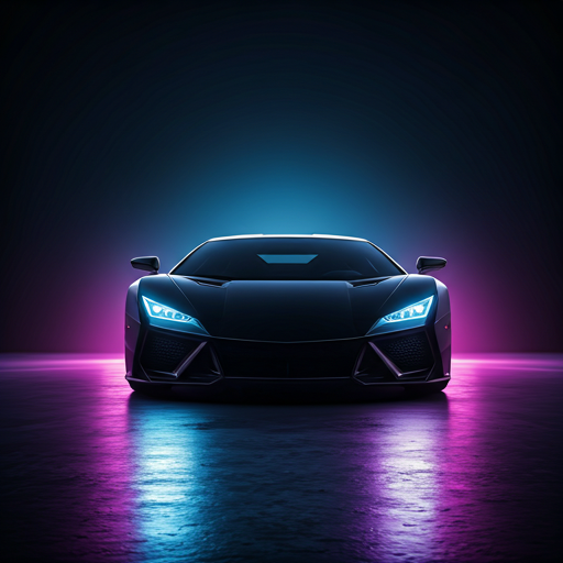 A futuristic black supercar in a darkened automotive studio, illuminated by intense electric blue and vibrant purple neon underglow. The light reflects off a polished wet floor, creating sharp, high-contrast highlights on the vehicle's body. The atmosphere is high-energy and cyberpunk, with sharp edges and dramatic lighting.