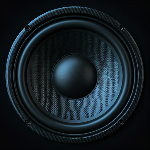 A high-contrast macro shot of a premium car speaker cone with carbon fiber texture, glowing with electric blue ambient lighting in a dark professional studio. The aesthetic is neo-brutalist, featuring sharp angles and intense contrast. Every detail of the speaker grill and the high-end materials is visible under sharp, focused lighting.