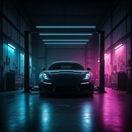 A cinematic, high-contrast shot of a clean, modern automotive workshop featuring a performance vehicle elevated on a hydraulic lift. The lighting is dominated by electric blue and purple neon tubes casting sharp reflections on polished concrete floors and black tool chests. The atmosphere is professional, technical, and high-performance, emphasizing precision engineering and clean aesthetics.