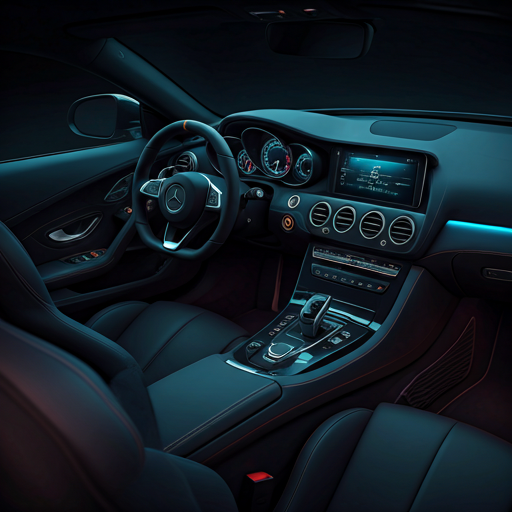 Luxury sports car interior with electric blue and purple ambient lighting
