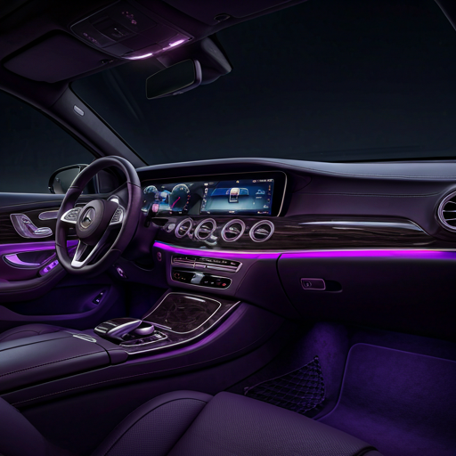 Interior view of a luxury sedan at night, featuring electric purple ambient fiber optic lighting integrated along the dashboard and doors. The soft glow illuminates premium leather textures and digital dashboard displays. Professional and high-end automotive aesthetic.