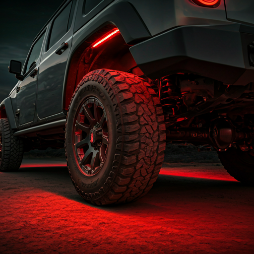 Under-chassis view of an off-road SUV equipped with vibrant red rock lights in the wheel wells. The lights illuminate the rugged tires and mechanical components against a dark trail background. Powerful, durable, and adventurous lighting.